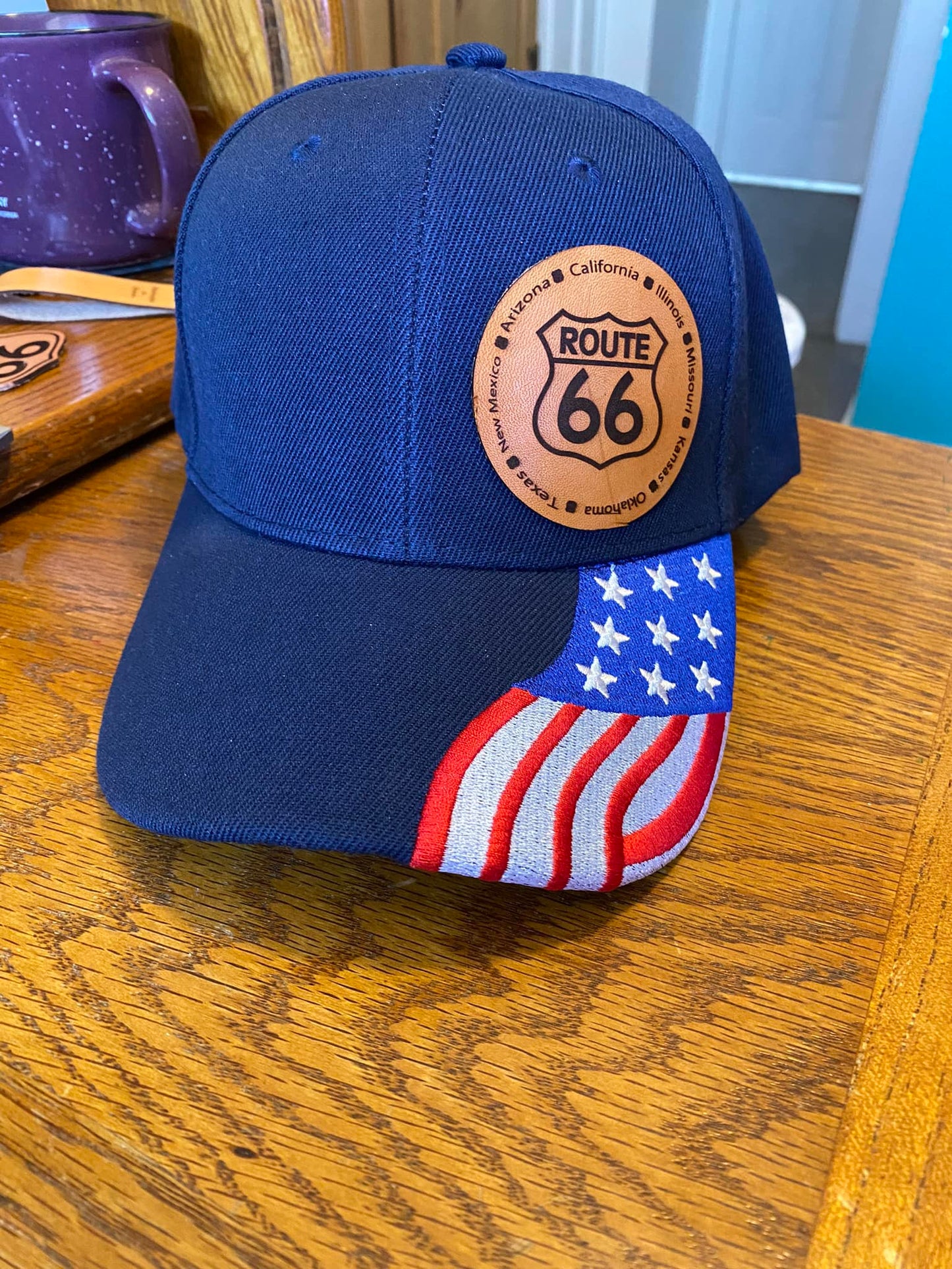 Route 66 Ball Cap with Laser Engraved Leather Route 66 Patch #CAP02