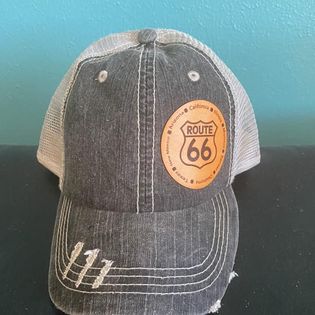 Route 66 Ball Trucker Cap with Laser Engraved Leather Route 66 Patch #CAP03