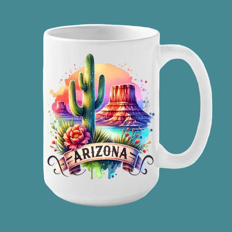 White mug with a colorful Arizona-themed design featuring a cactus, desert landscape, and the word 'Arizona'.