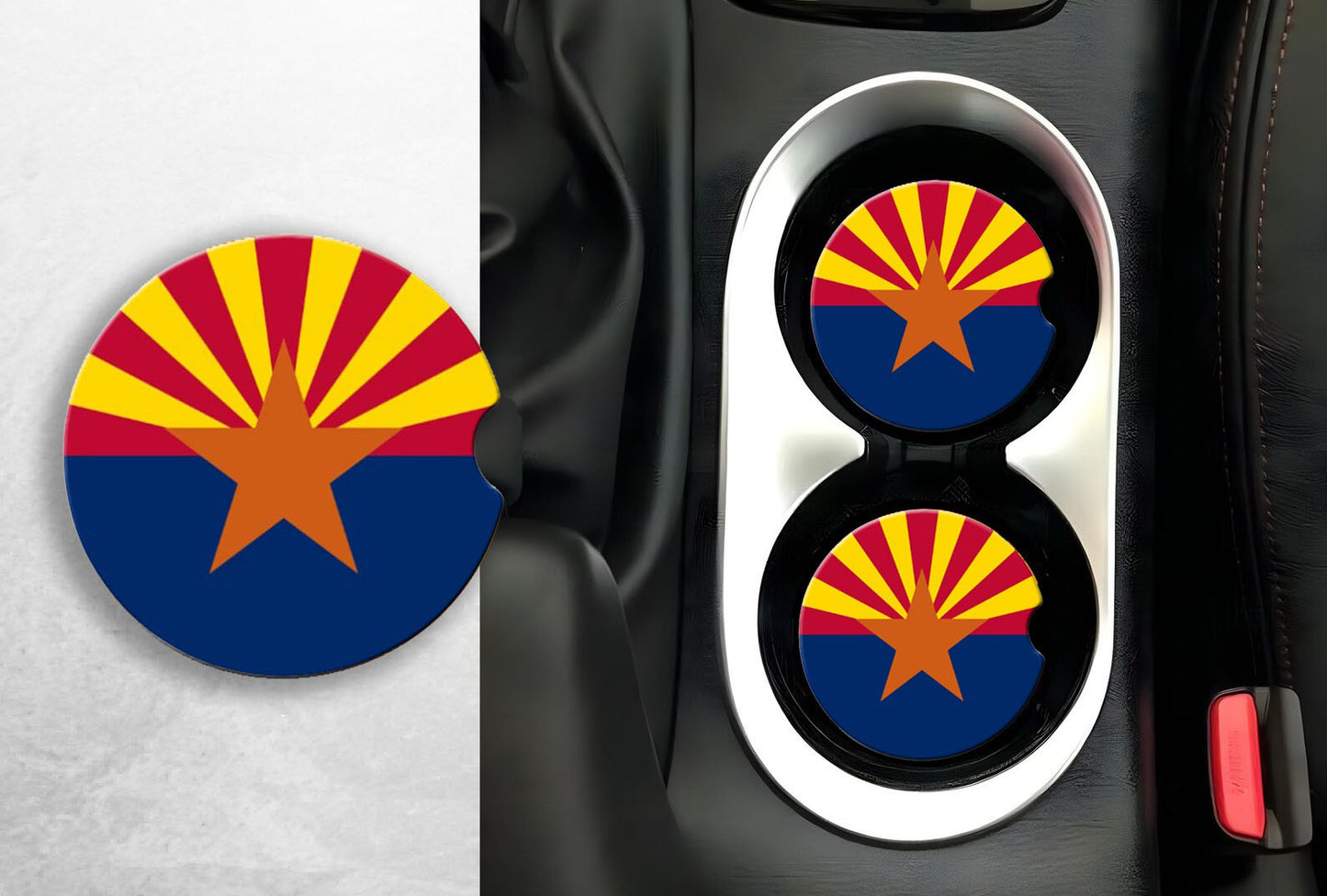 Arizona Themed Car Coasters Set of Two With A Colorful State Flag Design