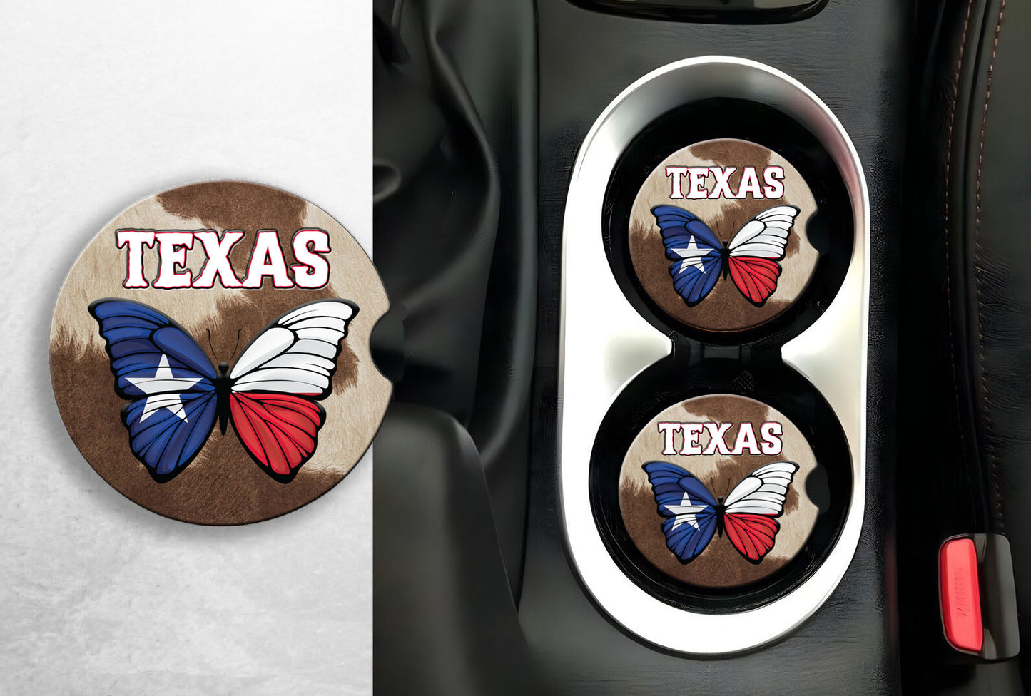 Texas Themed Car Coasters With Graphis of Butterfly on Cow Hide