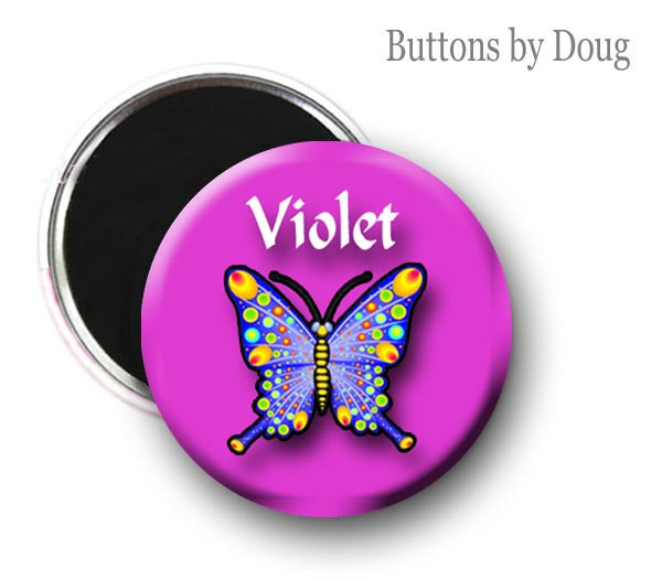 Butterfly Zipper Pull, Pin, or Magnet 1.5 Inches in Diameter Personalized with Name