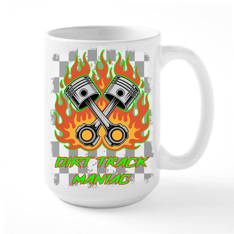 Personalized Coffee Mug Dirt Track Maniacs Two Pistons Flaming with a Checkered Background