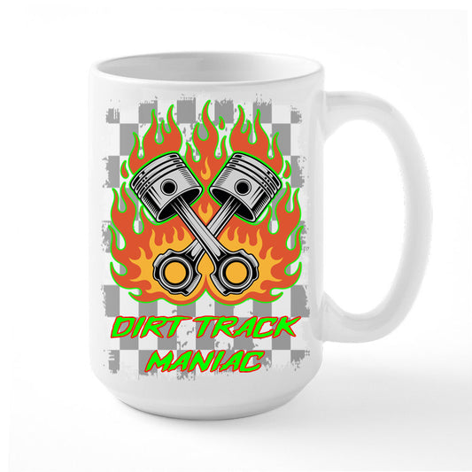 Personalized Coffee Mug Dirt Track Maniacs Two Pistons Flaming with a Checkered Background