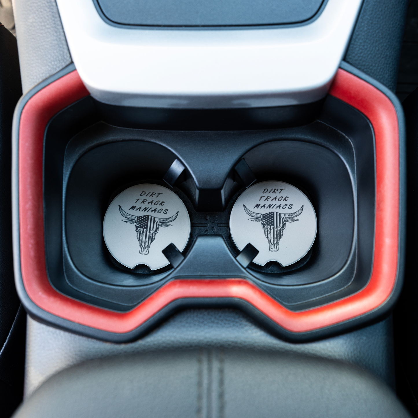 Dirt Track Maniacs Themed Car Coasters with Logo