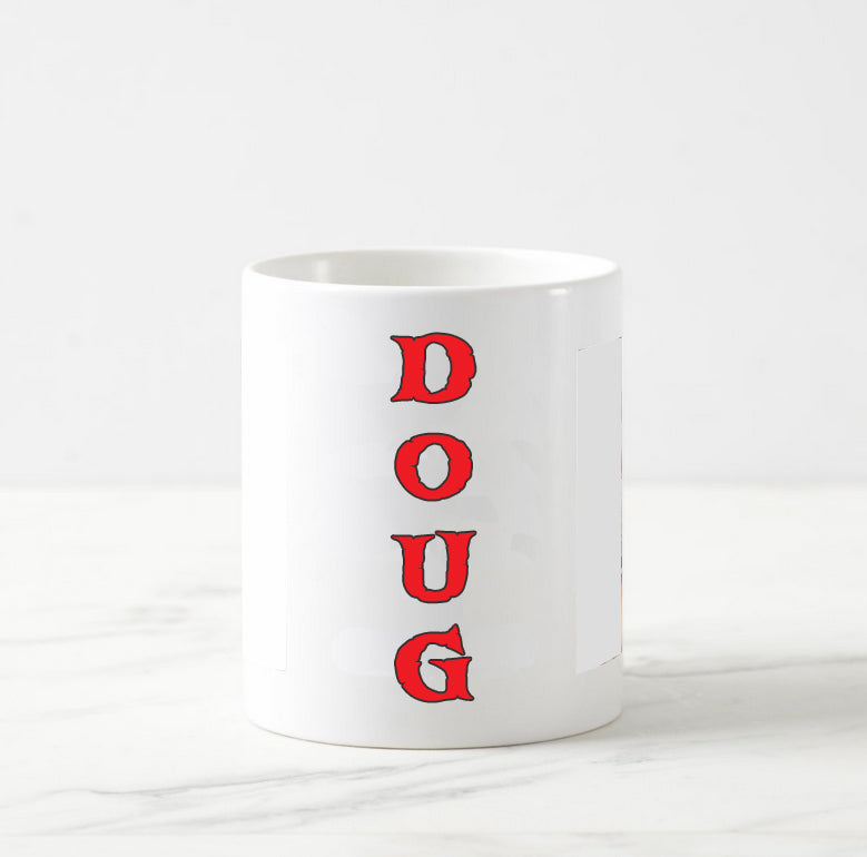 Personalized Coffee Mug Dirt Track Maniacs Two Pistons Flaming with a Checkered Background