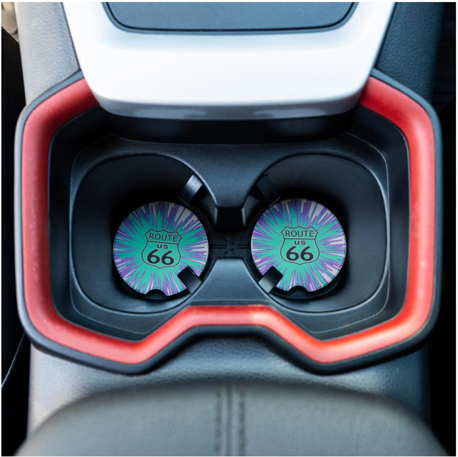 Two Route 66 Themed Car Coasters With A Steel and Route 66 Graphic