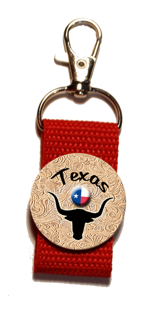 Texas Zipper Pull with 1 inch wide strapping and a 1.25 Inch Button attached