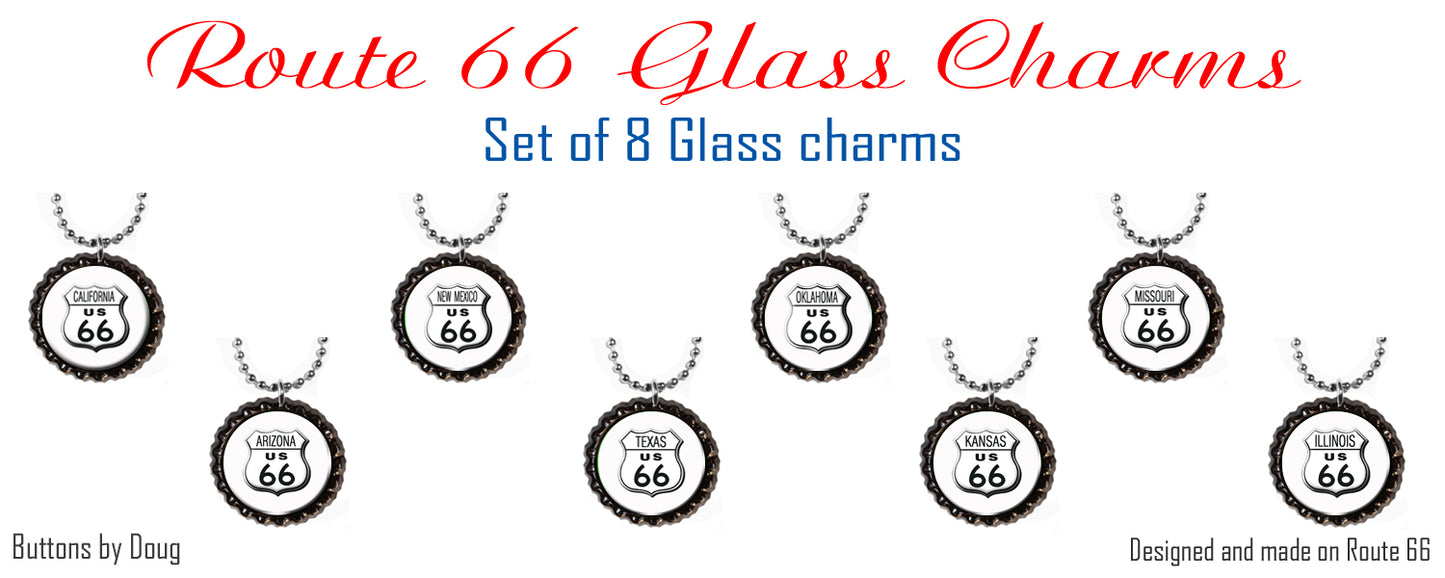 Route 66 Wine Glass Charms features one charm for each state on Route 66