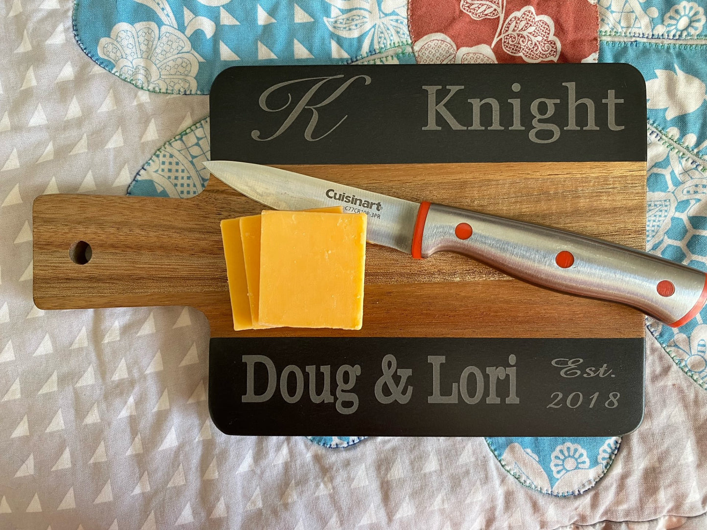 Charcuterie Boards, Cheese Cutting Boards Personalized with Last name and two first names and marriage date.