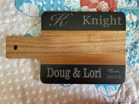 Charcuterie Boards, Cheese Cutting Boards Personalized with Last name and two first names and marriage date.