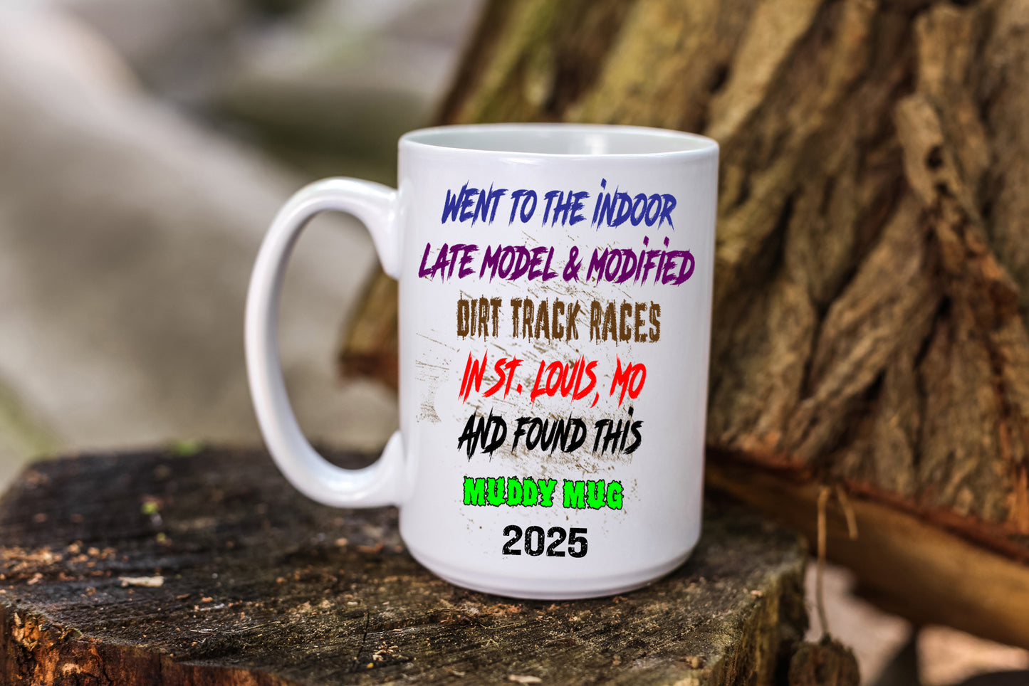 Coffee Mug Featuring Graphics from Dirt Track Racing and Route 66 in St. Louis with mud spots