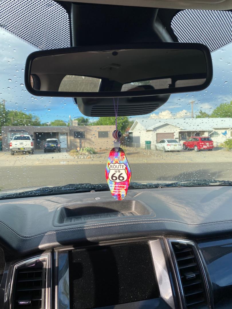 Rear View Mirror Charm Route 66 Design of Tye Dye With Route 66 Shield in the Center