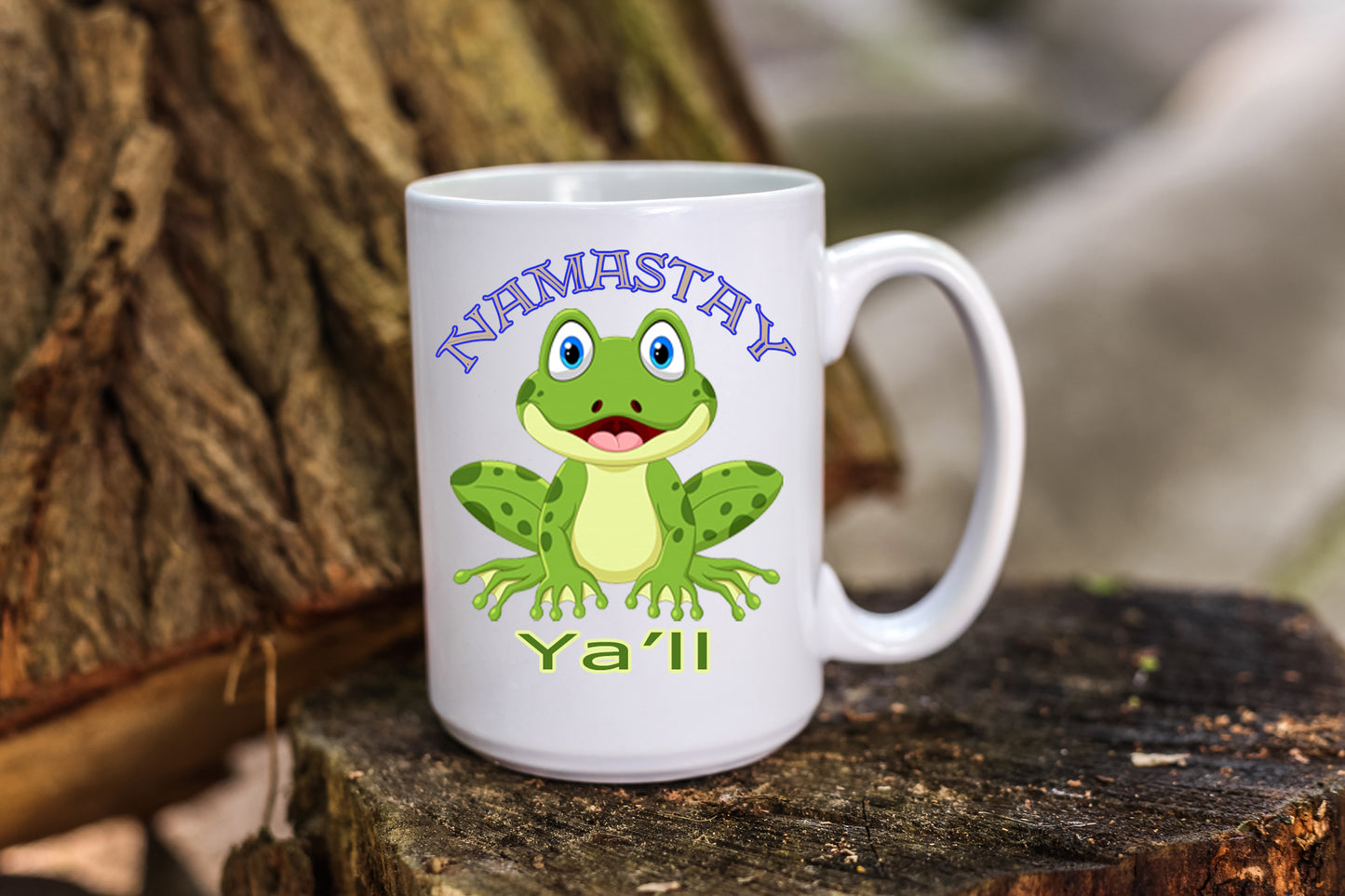 Personalized Coffee Mug With Green Frog and "Namastay Ya'll" With Name of Your Choice