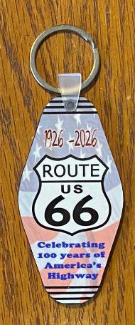 Route 66 Keyring Dye Sublimated Image with American Flag Background #KRDS015E