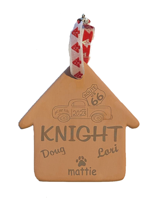 Terra Cotta Route 66 Christmas Tree Ornament with Laser Engraved Graphics with Last Name and Family Member Names