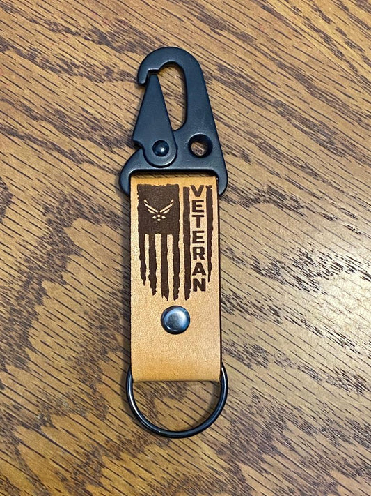U.S. Military Leather Key Chain with a Black Rifle Sling Clip Personalized with Name, Base, and Dates