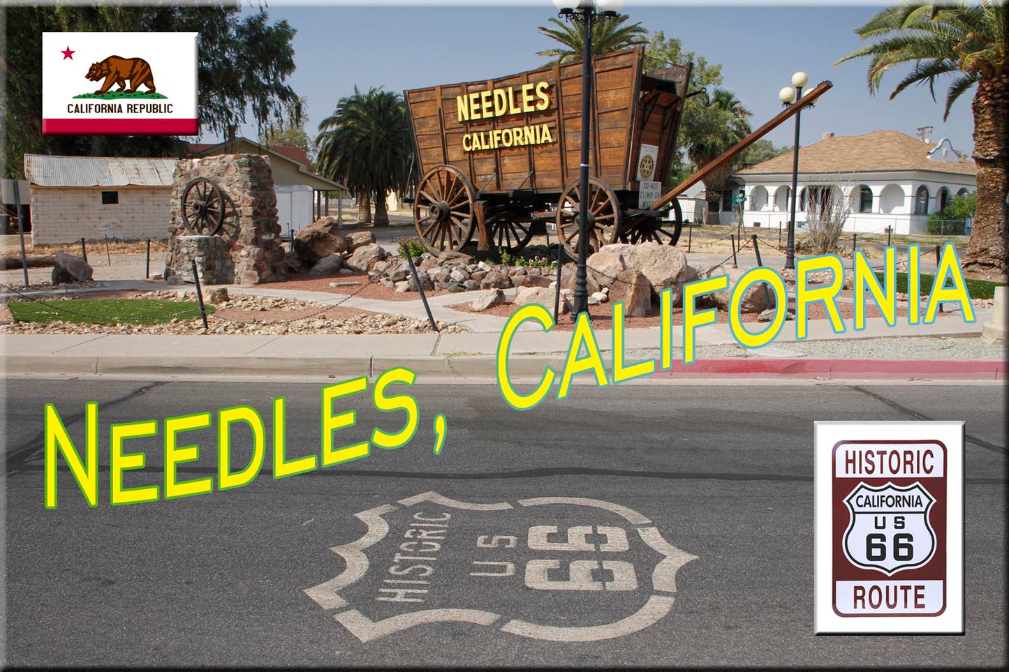Route 66 Fridge Magnet featuring a scene in Needles, CA