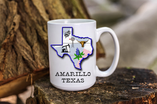 Texas Coffee Mug With State Outline Graphics and City Name of Choice
