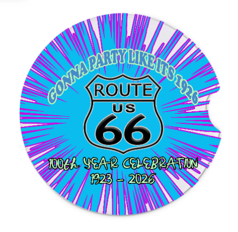 Two Route 66 Themed Car Coasters With A Colorful Background Celebrating 100 Years of Route 66