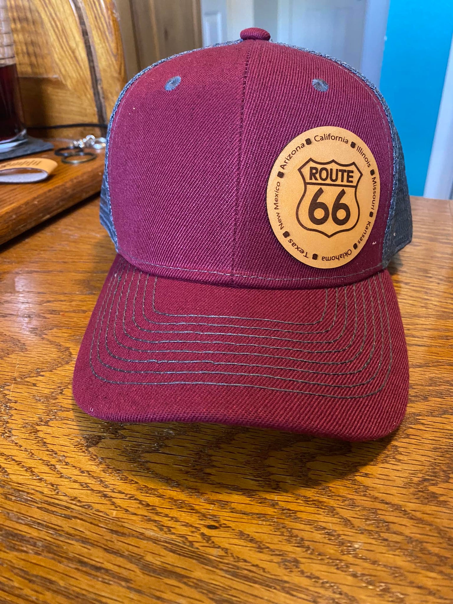 Route 66 Ball Trucker Cap with Laser Engraved Leather Route 66 Patch