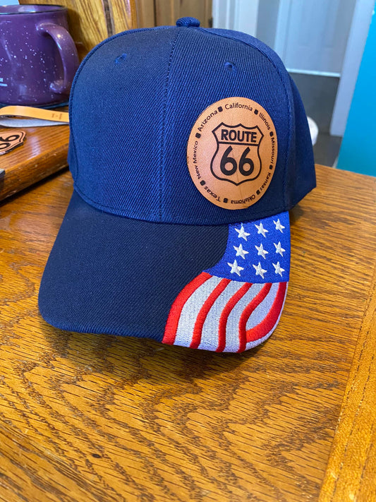 Route 66 Ball Trucker Cap with Laser Engraved Leather Route 66 Patch