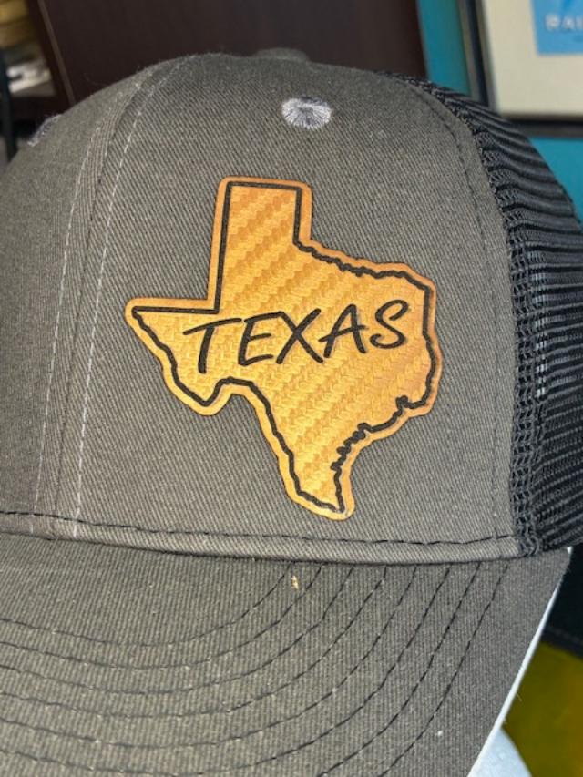 Texas Laser Engraved and Cut Leatherette Gold Patch on Your Choice of Cap