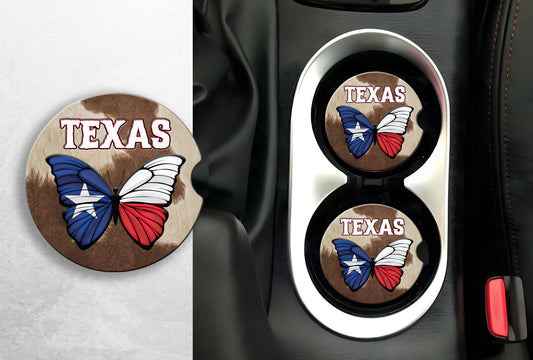 Texas Themed Car Coasters With Graphis of Butterfly on Cow Hide
