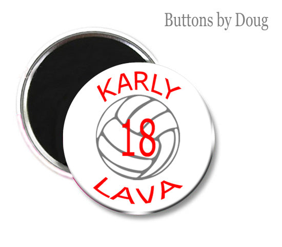Personalized Volleyball Graphics Zipper Pull, Pin, or Magnet 1.5 inches in Diameter