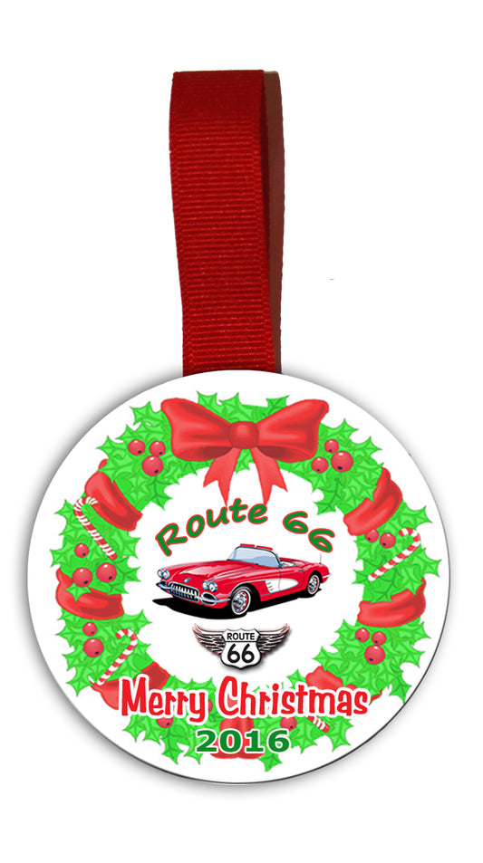 Route 66 Christmas Tree Ornament with Corvette Image Inside of Wreath with 66 Logo and Date