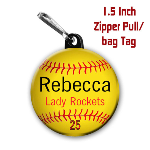 Personalized Softball Graphics Zipper Pull, Pin, or Magnet 1.5 inches in Diameter