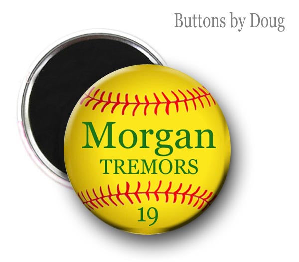 Personalized Softball Graphics Zipper Pull, Pin, or Magnet 1.5 inches in Diameter