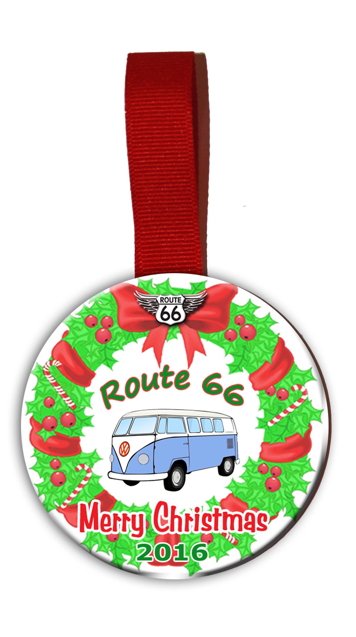 Route 66 Christmas Tree Ornament with VW Van Image Inside of Wreath with 66 Logo and Date