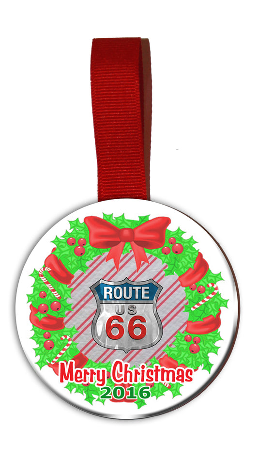 Route 66 Christmas Tree Ornament with 66 Logo Image Inside of Wreath and Date