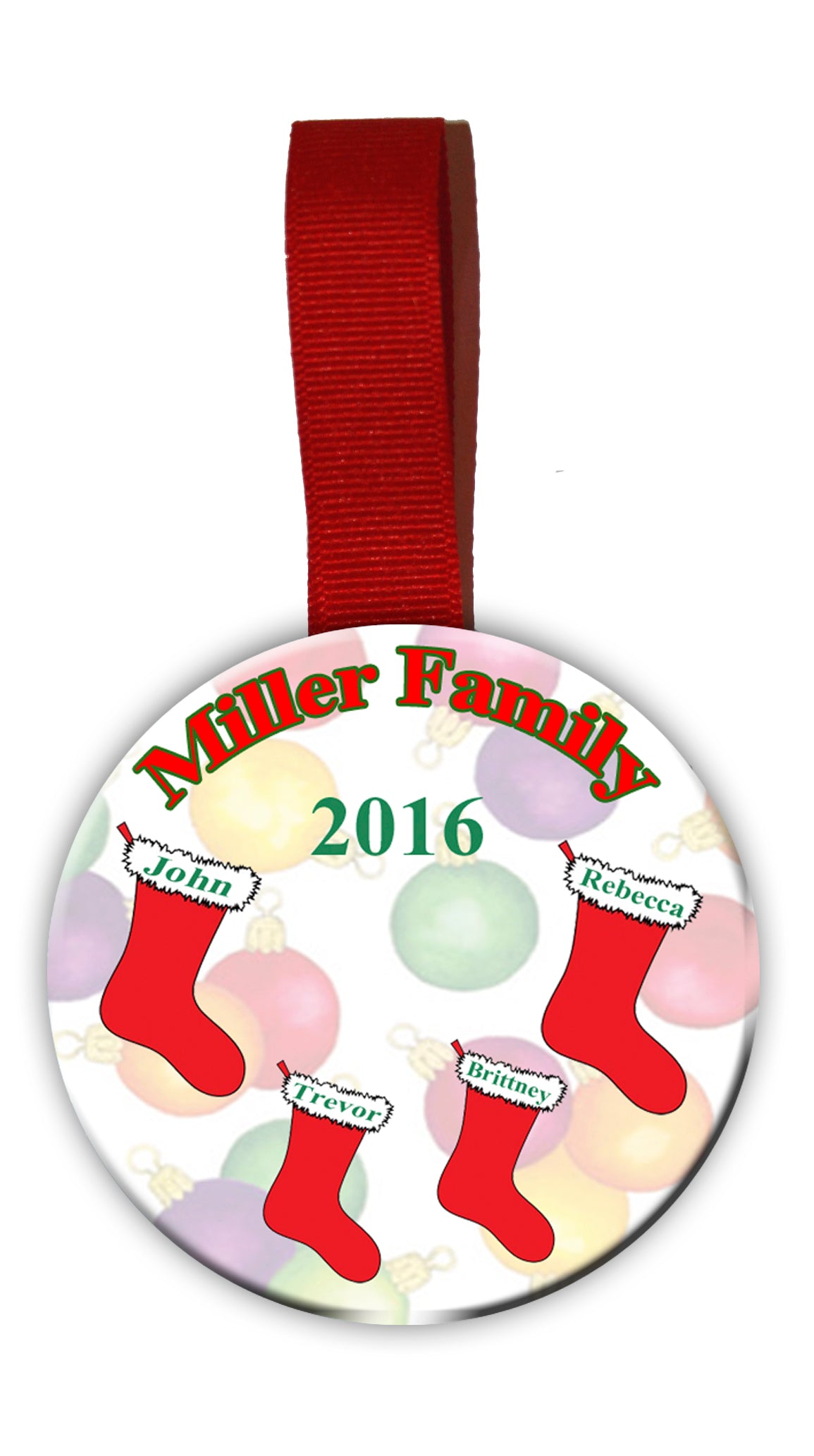 Christmas Tree Ornament Featuring the Family Name and Each Member Name on Stockings