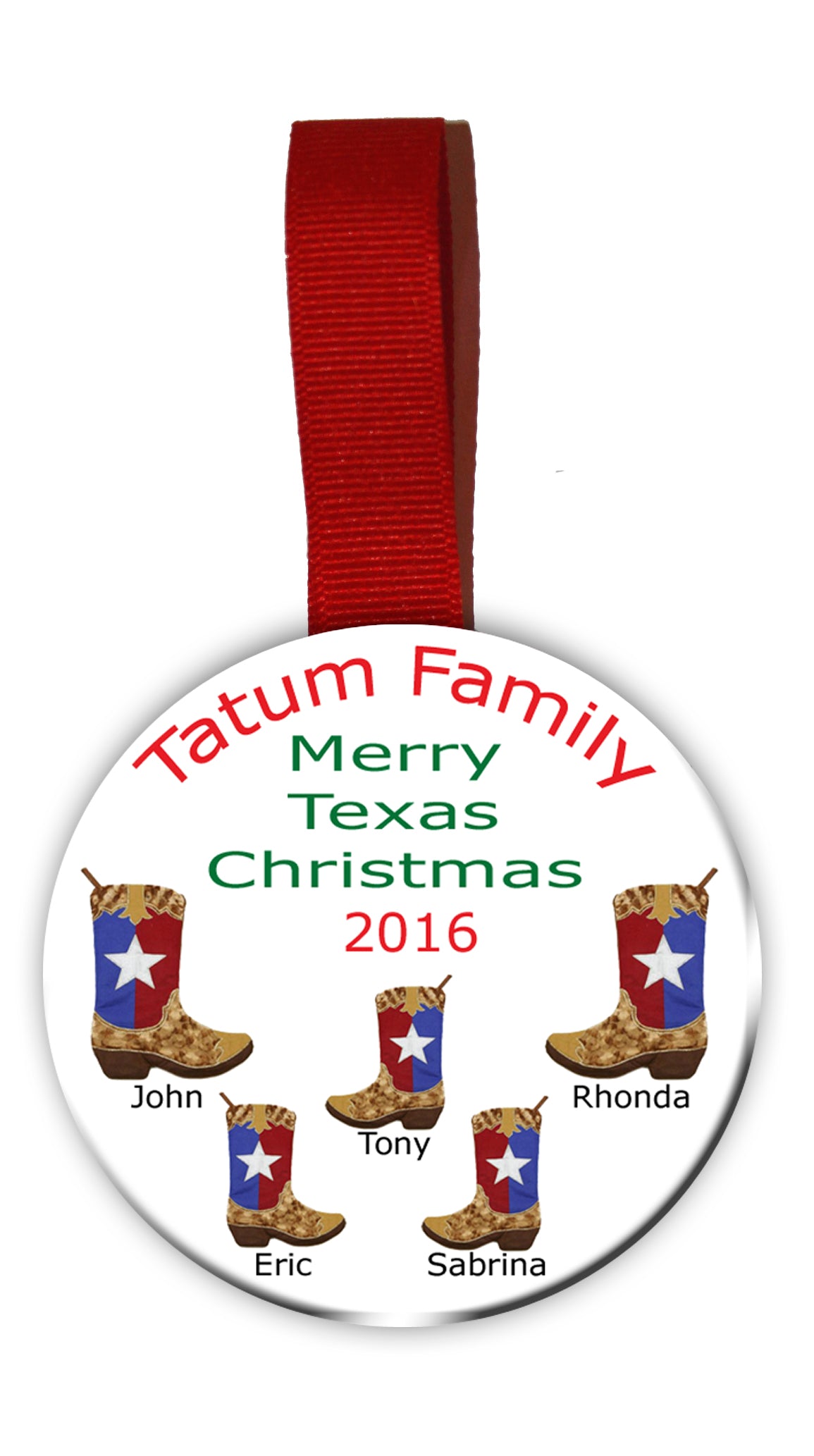 Christmas Tree Ornament Featuring the Family Name and Each Member Name Under Boots