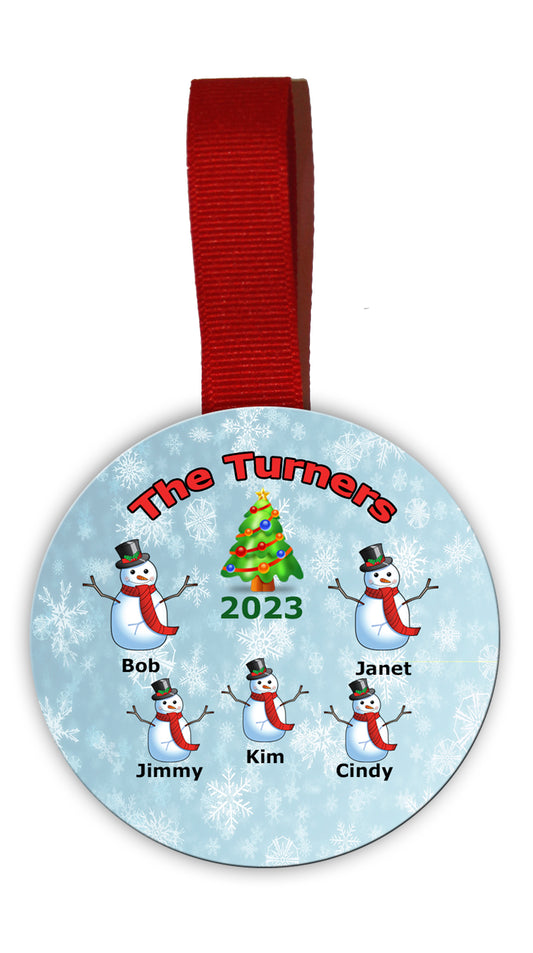 Christmas Tree Ornament Featuring the Family Name and Each Member Name Under Snowman