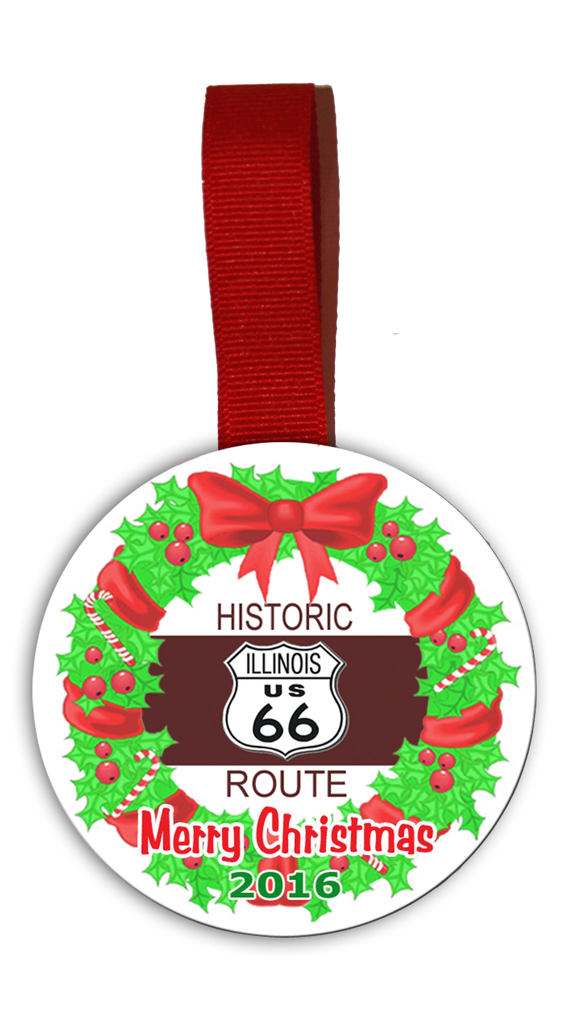 Route 66 Christmas Tree Ornament with Route 66 Graphics Inside of Wreath with 66 Logo and Date
