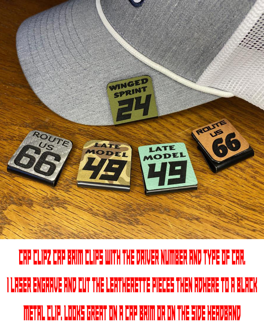 Cap clips with driver number and car type on a cap brim, Leatherette Material adhered on a metal surface.