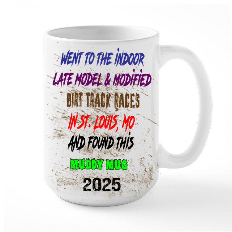 Coffee Mug Featuring Graphics from Dirt Track Racing and Route 66 in St. Louis with mud spots