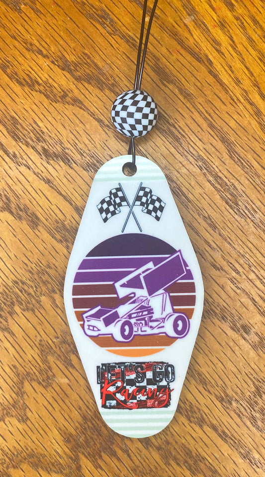 Rear View Mirror Dangler Featuring a Dirt Track Maniac Design