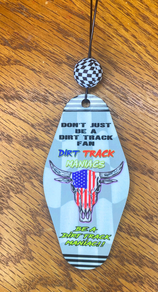 Rear View Mirror Dangler Featuring a Dirt Track Maniac Design