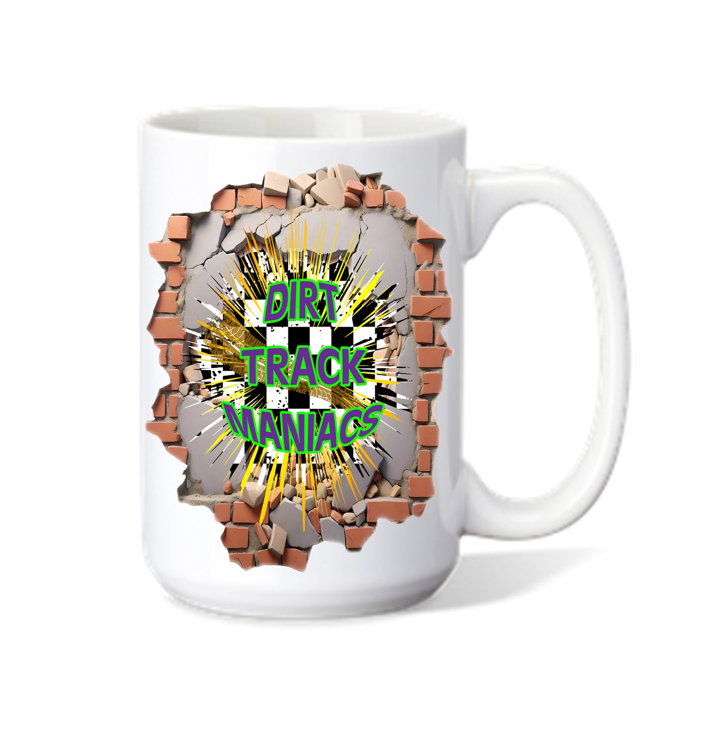 Coffee Mug Featuring Explosion Through Brick Wall with Dirt Track Maniacs Coming Through
