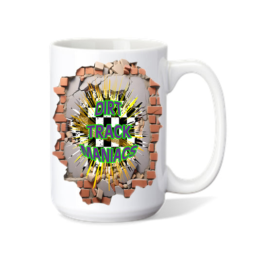 Coffee Mug Featuring Explosion Through Brick Wall with Dirt Track Maniacs Coming Through