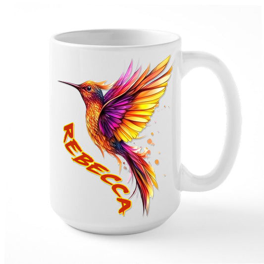 Coffee Mug Featuring a Colorful Hummingbird in Flight Personalized With Name of Choice