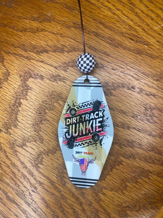 Rear View Mirror Dangler Featuring a Dirt Track Maniac Design