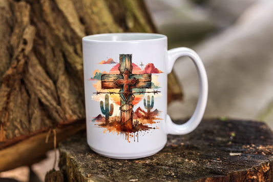 Coffee Mug Featuring a Cross Set Against a Southwest Background