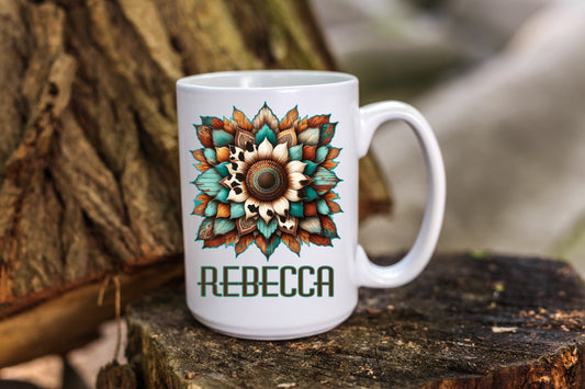 Coffee Mug Featuring Graphics of a Western Sunflower Personalized with Name