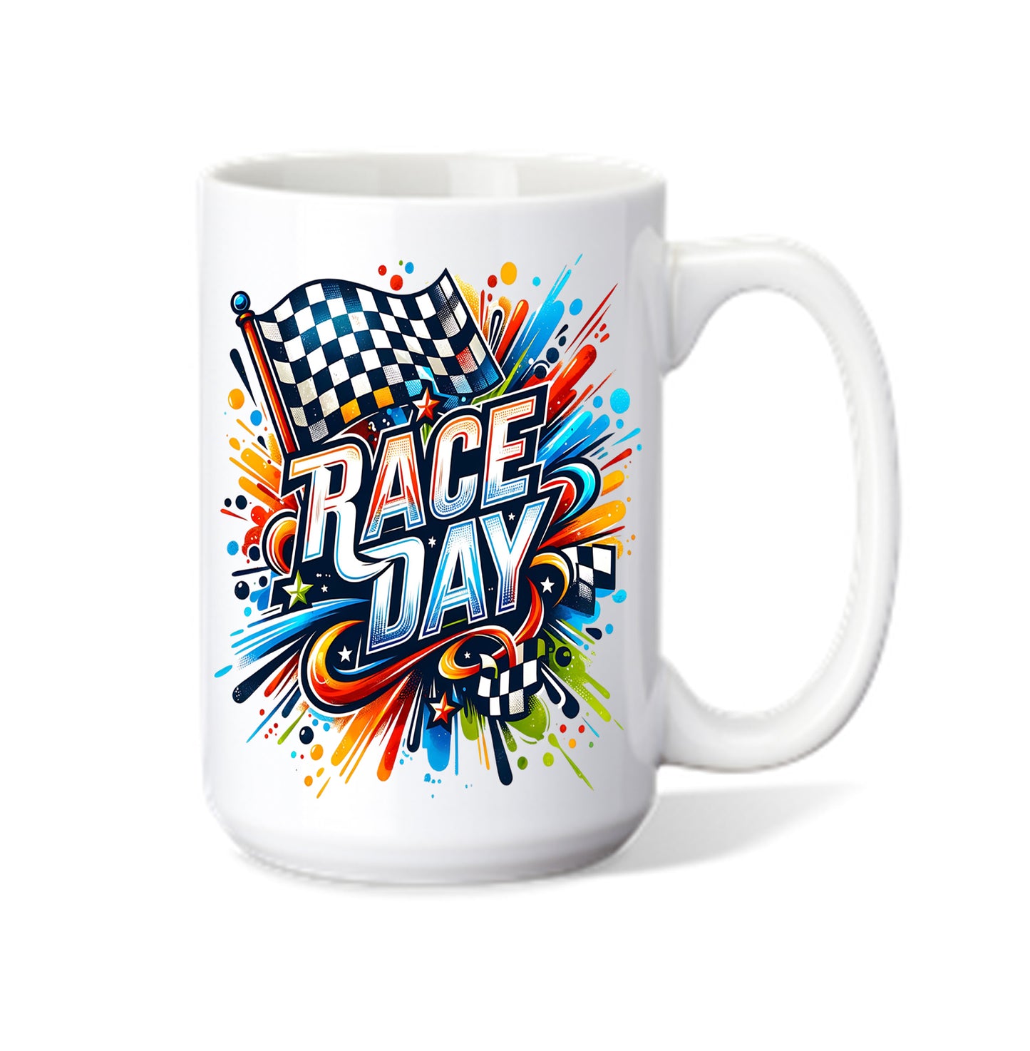 Personalized Race Day Coffee Mug with Race Day Graphics On Each Side Name in the Center