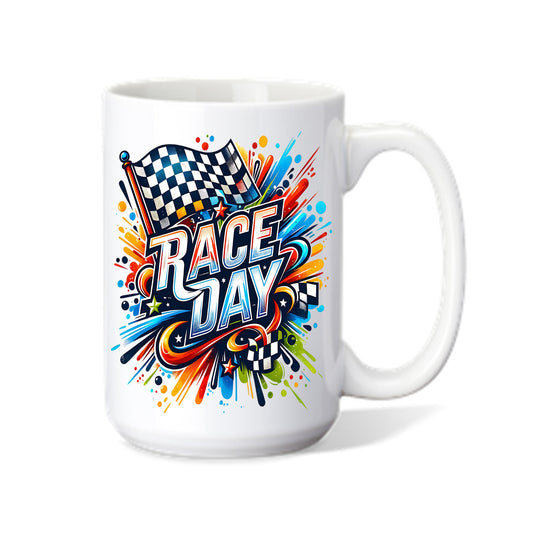 Personalized Race Day Coffee Mug with Race Day Graphics On Each Side Name in the Center